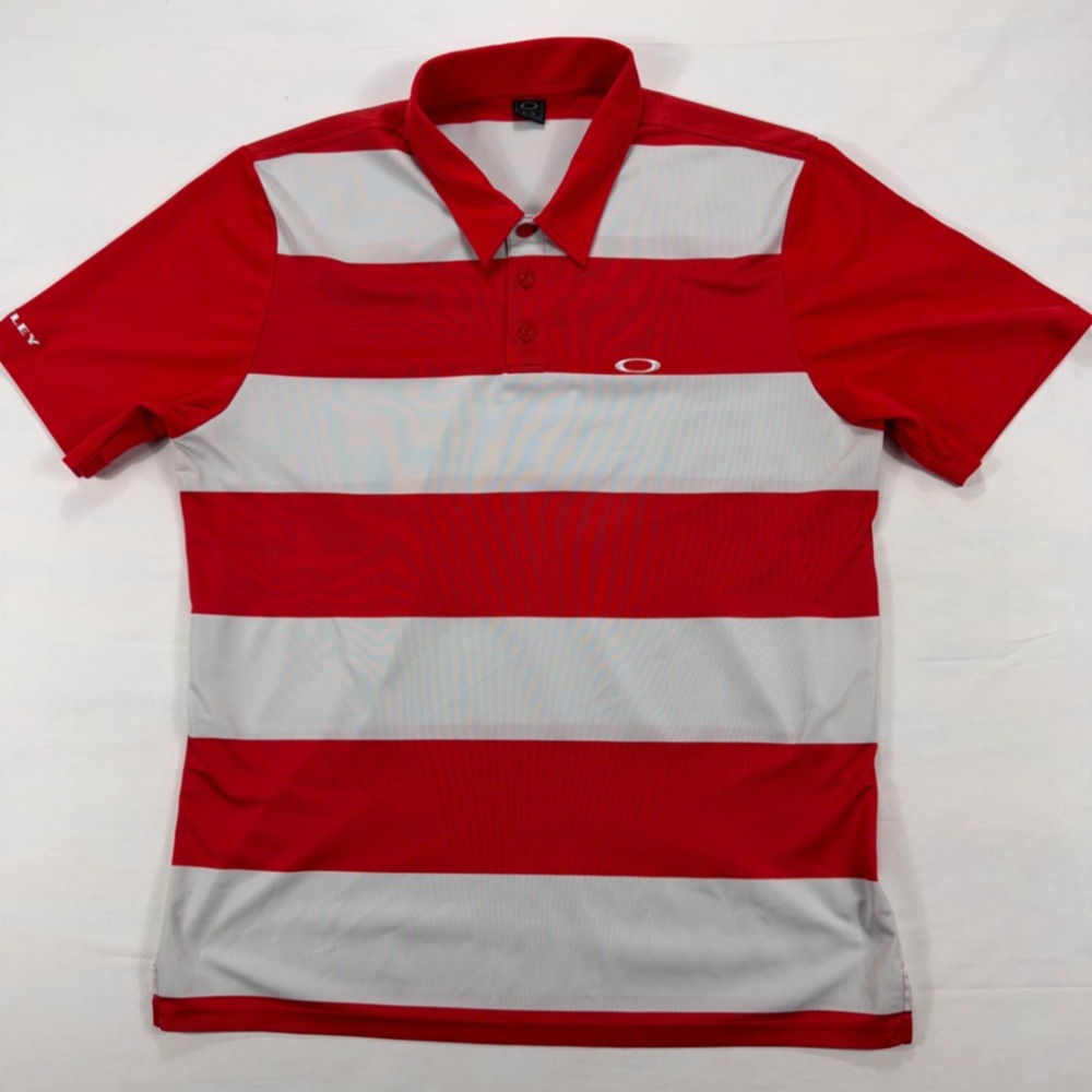 Oakley Striped Performance Golf Polo Shirt XL Red White Short Sleeve Mens - Picture 2 of 10